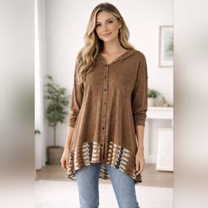 Ice Silk hooded tribal Aztec button front knit cardigan boho hippie 3XL